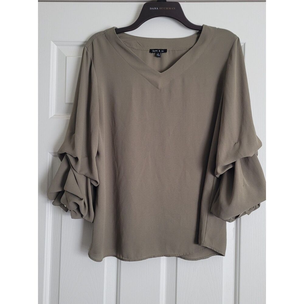 Sami & Jo Women's Olive V-Neck Ruffle Sleeve Blouse Size Small Career Casual